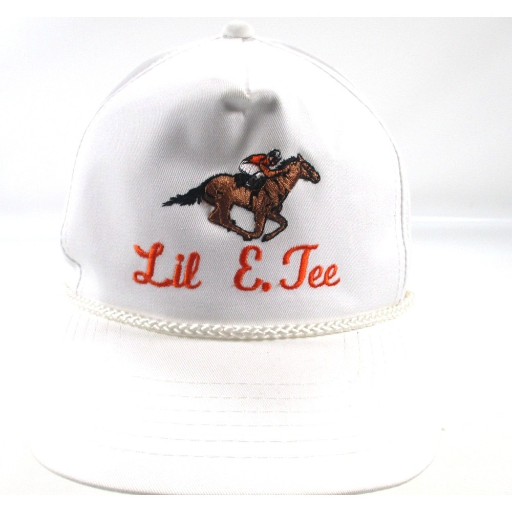 Vintage Youngan Lil E. Tee Race Horse Embroidered White Strap back Rope Hat Cap‎